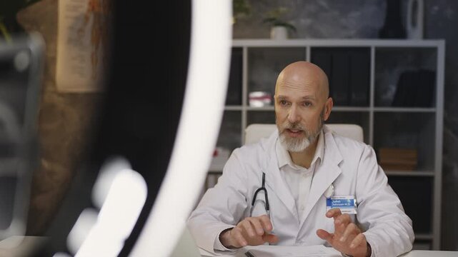 Experienced male physician records medical video blog on phone in his clinic
