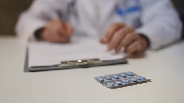 Male doctor prescribes medication in office, erectile dysfunction treatment