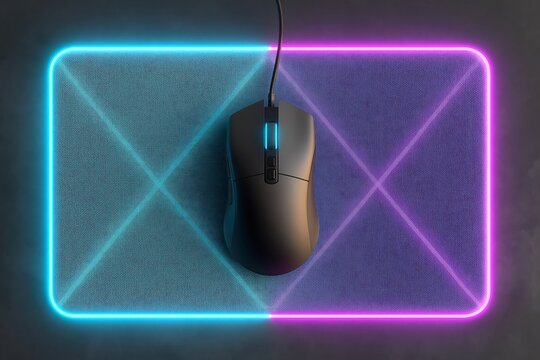 RGB mouse pad with geometric pattern lighting (cyan and purple), gaming mouse in center, dark surface, overhead shot