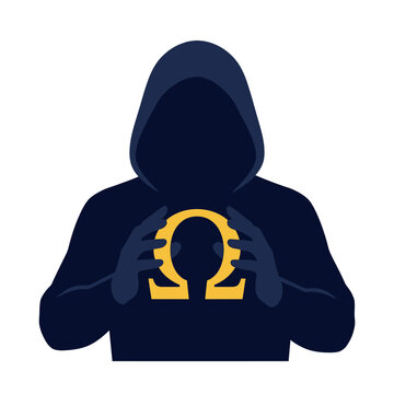 Anonymous hacker in dark hoodie holding glowing golden omega symbol