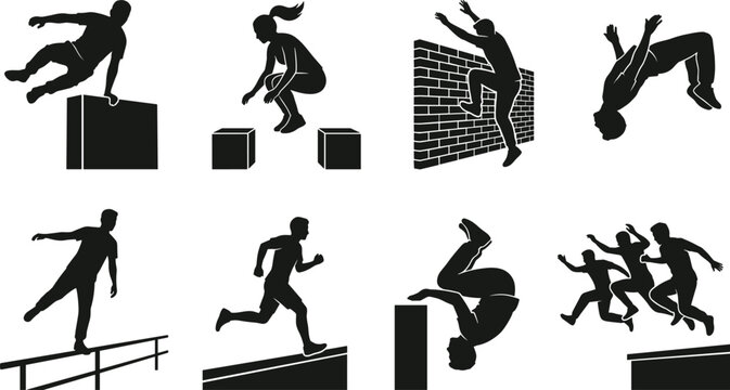Parkour and Free Running Silhouettes Collection of Athletes Jumping Vaulting and Balancing Extreme Sports Vector Set