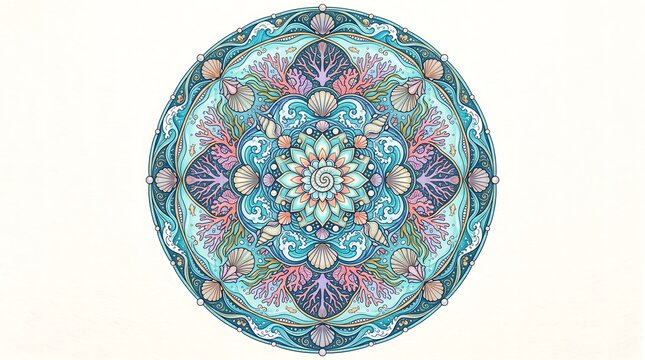 Colorful Ocean Mandala with Waves Coral and Seashell Patterns