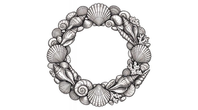 Circular Shell Border Frame Hand Drawn Line Art WreathDesign Background seashell frame border wreath circle round marine sea ocean shell doodle hand drawn line art outline background summer