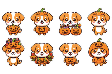 Naklejka premium Cute cartoon puppy vector set with pumpkins and candy for halloween holiday themed design elements.