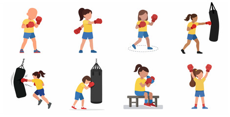 Fototapeta premium Set of Kids Boxing and Training Illustrations with Punching Bags and Boxing Gloves in Flat Vector Style