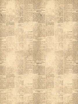 Aged yellowed newspaper background texture featuring antique text columns and headlines in a potrait orientation for graphic design, editorial layouts, and digital scrapbooking.