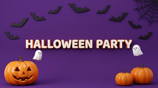 Halloween party pixel art banner with jack o lanterns and ghosts flying in purple space background