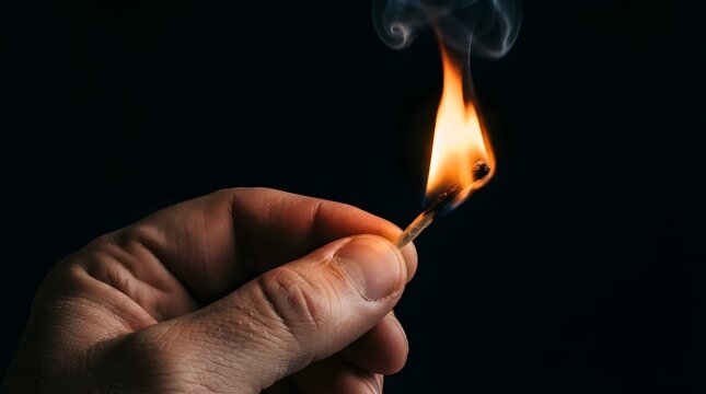 Hand Holding a Lighted Match with Bright Flame on Black Background, Symbol of Fire, Warmth, Energy, Hope, Ignition, Danger and Dramatic Minimalist Lighting