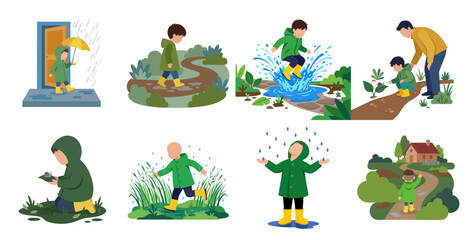 Set of illustrations featuring a young boy playing in the rain, wearing a green raincoat and yellow rubber boots, exploring nature and splashing in puddles.