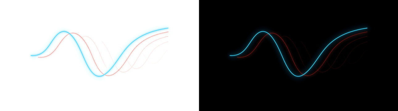Technology background with a bright cyan sine wave line paired with a dotted red frequency wave for digital designs, PNG, Transparent and Black Background Versions