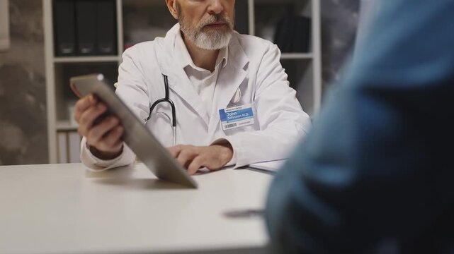 Cardiologist shows heart ultrasound image on tablet to patient, bad prognosis