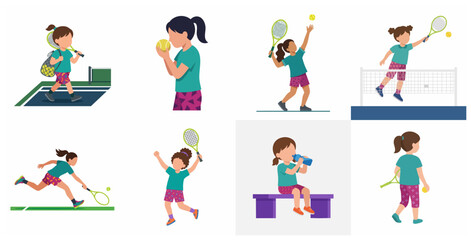 Fototapeta premium Flat Vector Illustration Set of a Young Girl Playing Tennis in Different Poses and Actions