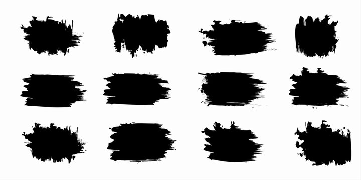 A collection of twelve distinct, irregular black ink splatters arranged in a 3x4 grid, evoking a sense of abstract texture and artistic expression.