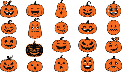 Fototapeta premium Collection of twenty orange halloween pumpkins with various funny and spooky facial expressions isolated on a white background