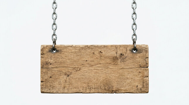 Blank wooden sign hanging on metal chains isolated on white background for custom text