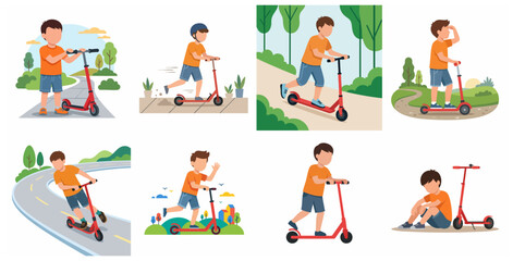 Fototapeta premium Set of vector illustrations of a young boy riding a red kick scooter in various outdoor settings