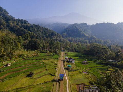Aerial view of Baturaden rice terraces with a central path, small huts, and lush mountain slopes under a hazy sky in Baturaden, Central Java, Indonesia.