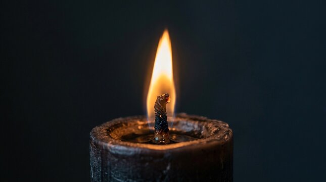 Close up macro shot of a burning candle wick with a dark moody background, providing warm light and symbolic meaning for reflection, remembrance, or ambiance in solemn settings.