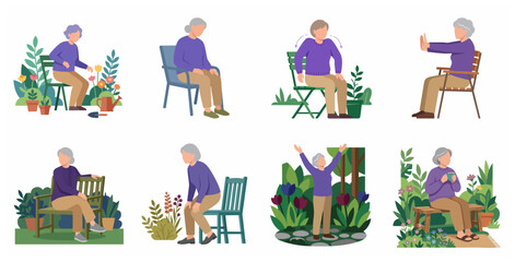 Fototapeta premium Senior Woman Active Lifestyle and Wellness Illustration Set: Gardening, Stretching, and Relaxing in the Garden