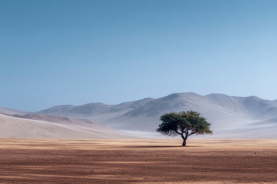 Lone acacia tree standing in vast desert landscape