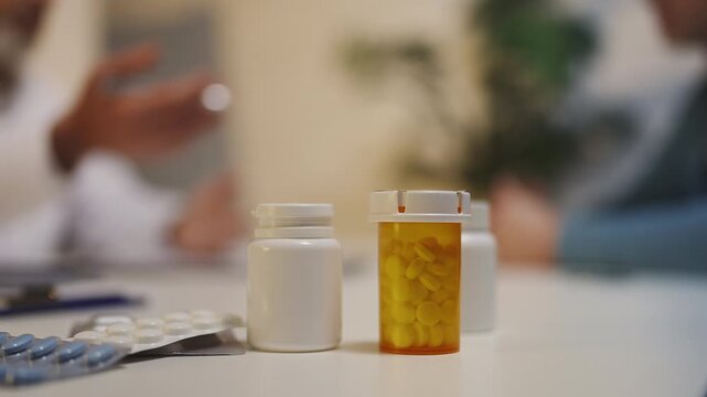 Close-up of pills and medication bottles on desk during medical consultation