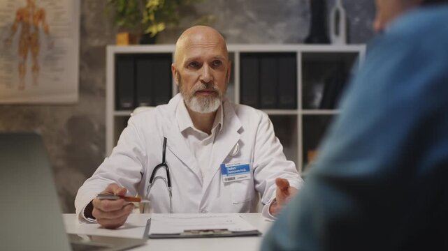 Middle-aged physician explains poor prognosis to shocked patient during check-up