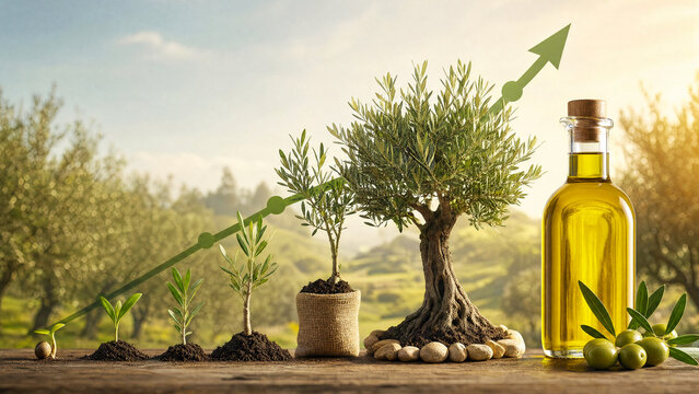 Olive tree growth stages with upward market trend arrow and olive oil bottle concept