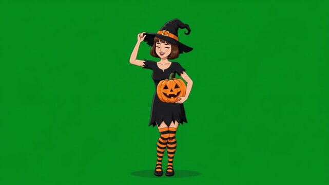 Cute Cartoon Witch Holding a Jack-o'-Lantern on a Green Screen Background, Perfect for Halloween Celebrations.