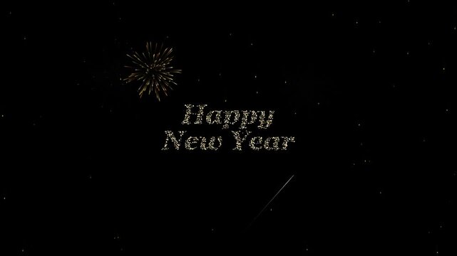 Sparkling Happy New Year text with fireworks in the dark night sky background.
