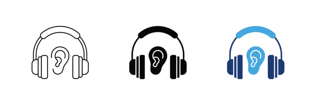 Listening headphone ear audio sound hearing music podcast vector icon set