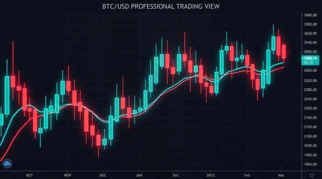 Digital bitcoin trading chart displays red and blue candlestick patterns on a dark professional background screen
