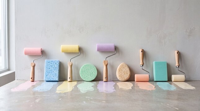 Pastel paint rollers, brushes, sponges, and colorful paint swatches arranged on a concrete surface against a textured wall, showcasing tools and materials for a creative renovation project.