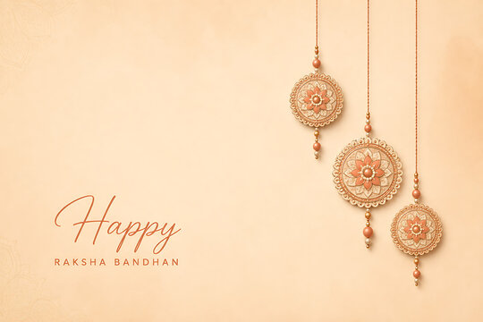 Three elegant decorative hanging rakhis with intricate mandala motifs wishing a very happy raksha bandhan symbolizing the beautiful sibling bond of protection