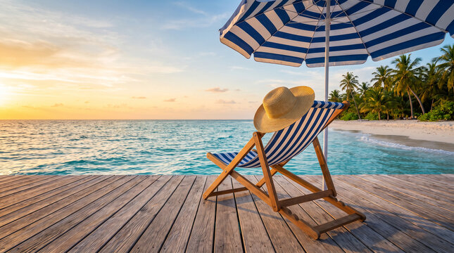Blue and white striped deck chair with straw hat under beach umbrella on wooden deck overlooking turquoise ocean at sunrise