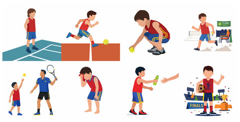 Fototapeta premium Set of flat vector illustrations featuring a young boy's tennis journey, from practice and coaching to winning the championship trophy.