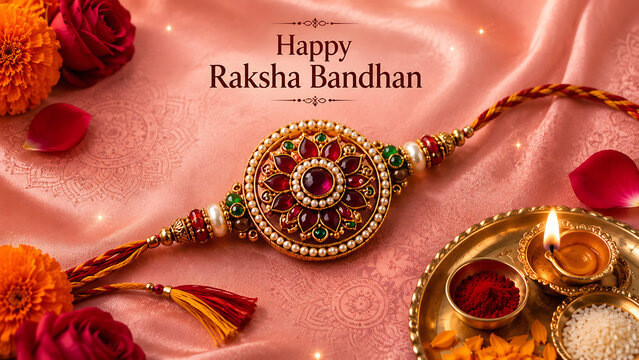 Happy raksha bandhan festival greeting background with golden rakhi diya kumkum thali flowers and shravan purnima celebration elements on pink silk fabric