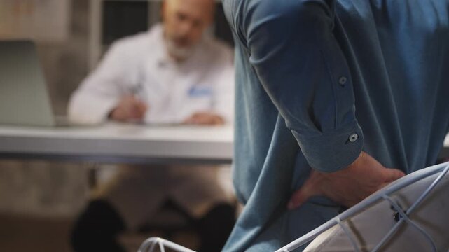 Man massages lower back while talking to physician about pain and discomfort