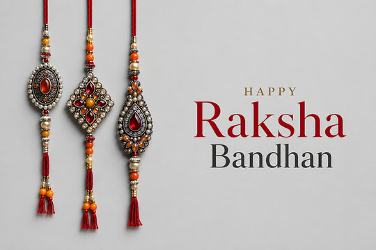 Three stunning hanging stone rakhis with red tassels against light grey background wishing happy raksha bandhan to celebrate beautiful bond of protection