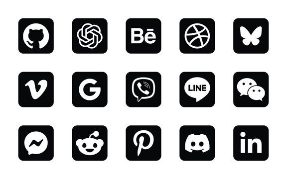 Social Media Icons Set 2026 &ndash; GitHub, ChatGPT, Behance, Dribbble, Bluesky, Vimeo, Google, Viber, LINE, WeChat, Messenger, Reddit, Pinterest, Discord