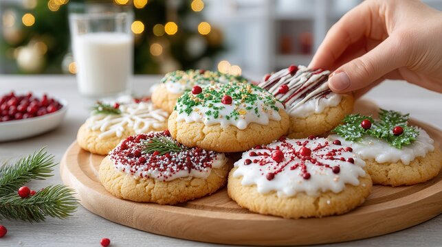 Hand picking decorated Christmas cookies