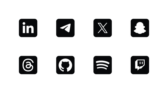 Social Media Icons Set 2026 &ndash; LinkedIn, Telegram, X, Snapchat, Threads, GitHub, Spotify, Twitch