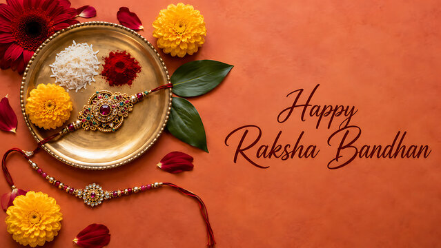 Golden traditional rakhi beside brass plate containing white rice and red kumkum with yellow flowers on orange background for happy raksha bandhan