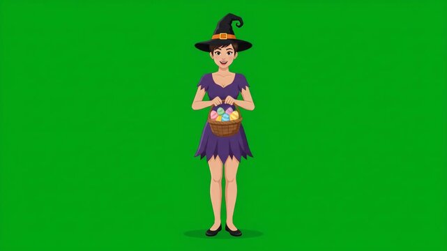 Cartoon witch character in a purple dress holding a basket of colorful Easter eggs on a green screen background.