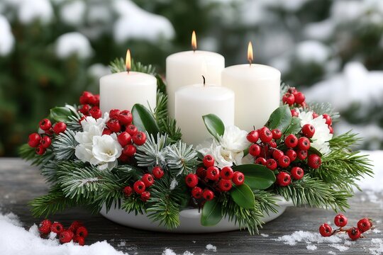 Festive Advent wreath with lit candles and berries