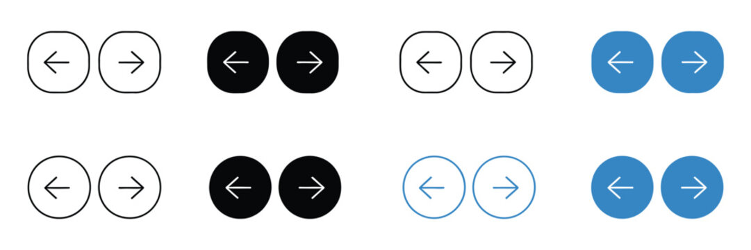 Web interface navigation buttons icon set featuring slider arrows, next and previous round buttons for apps, websites, and digital interfaces
