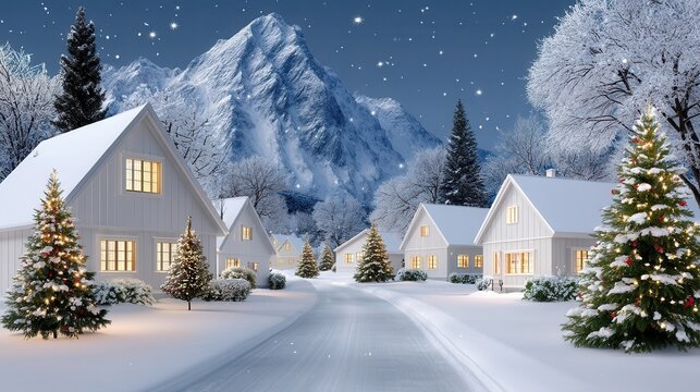 Snowy village houses with Christmas trees and mountains