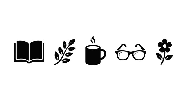 Black icons of book and accessories.