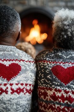 Senior couple in knit sweaters watching fire