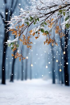 Snow Laden Branches With Hanging Lights In Winter Forest