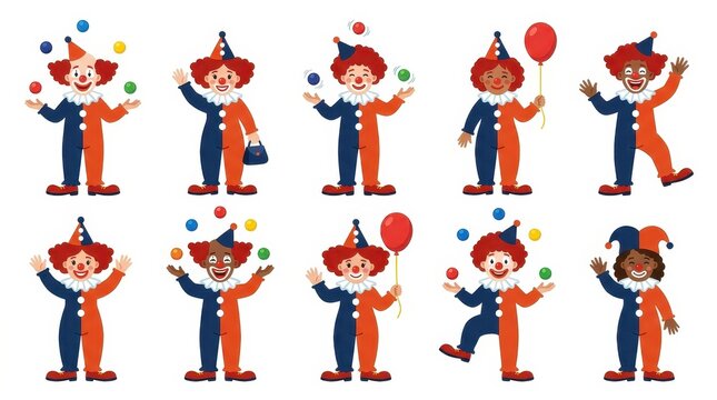 Set of Cute Cartoon Clowns Vector Illustration for Circus Performance and Children's Party Entertainment